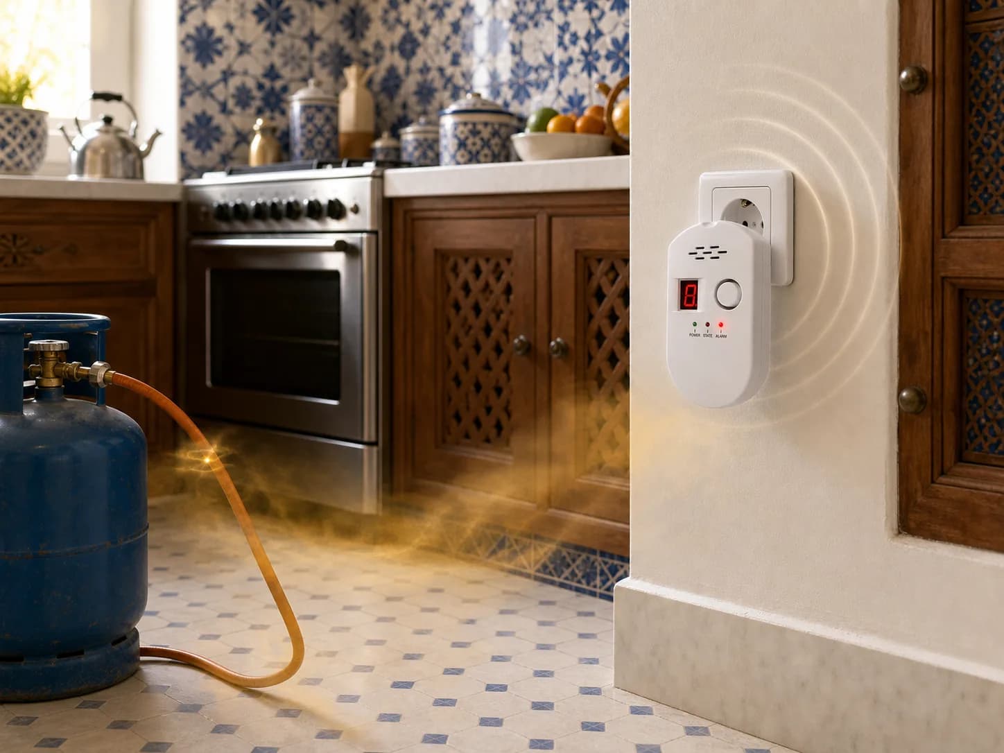 Fuite de butane visualisée au sol et détecteur de gaz déclenchant son alarme dans une cuisine marocaine