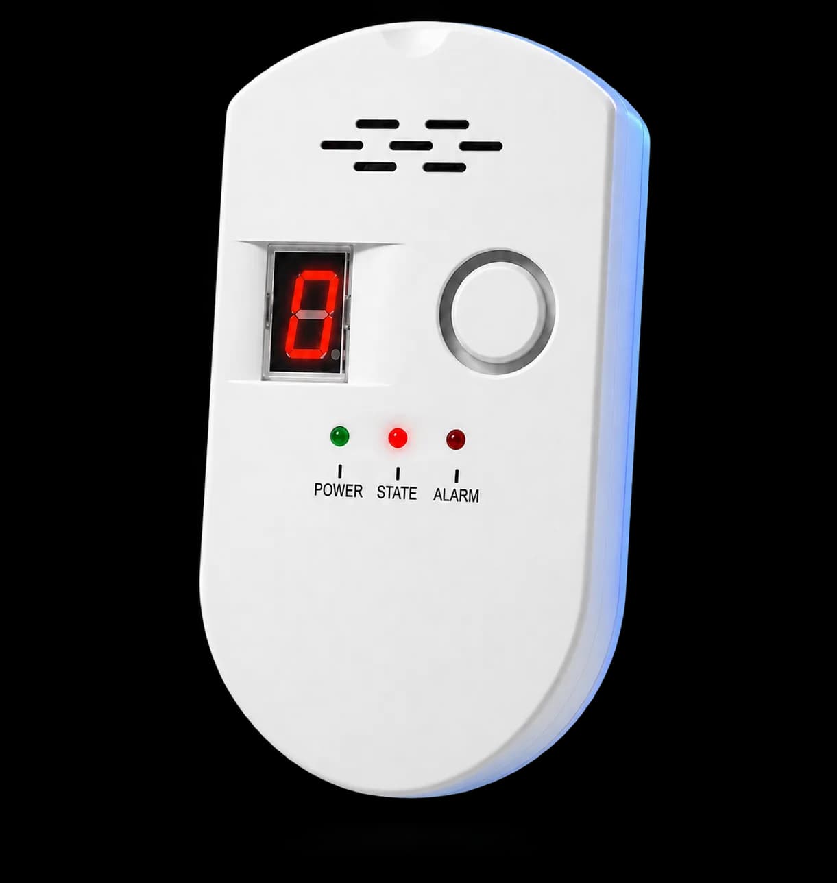 Détecteur de gaz blanc SafeHouse flottant sur fond transparent