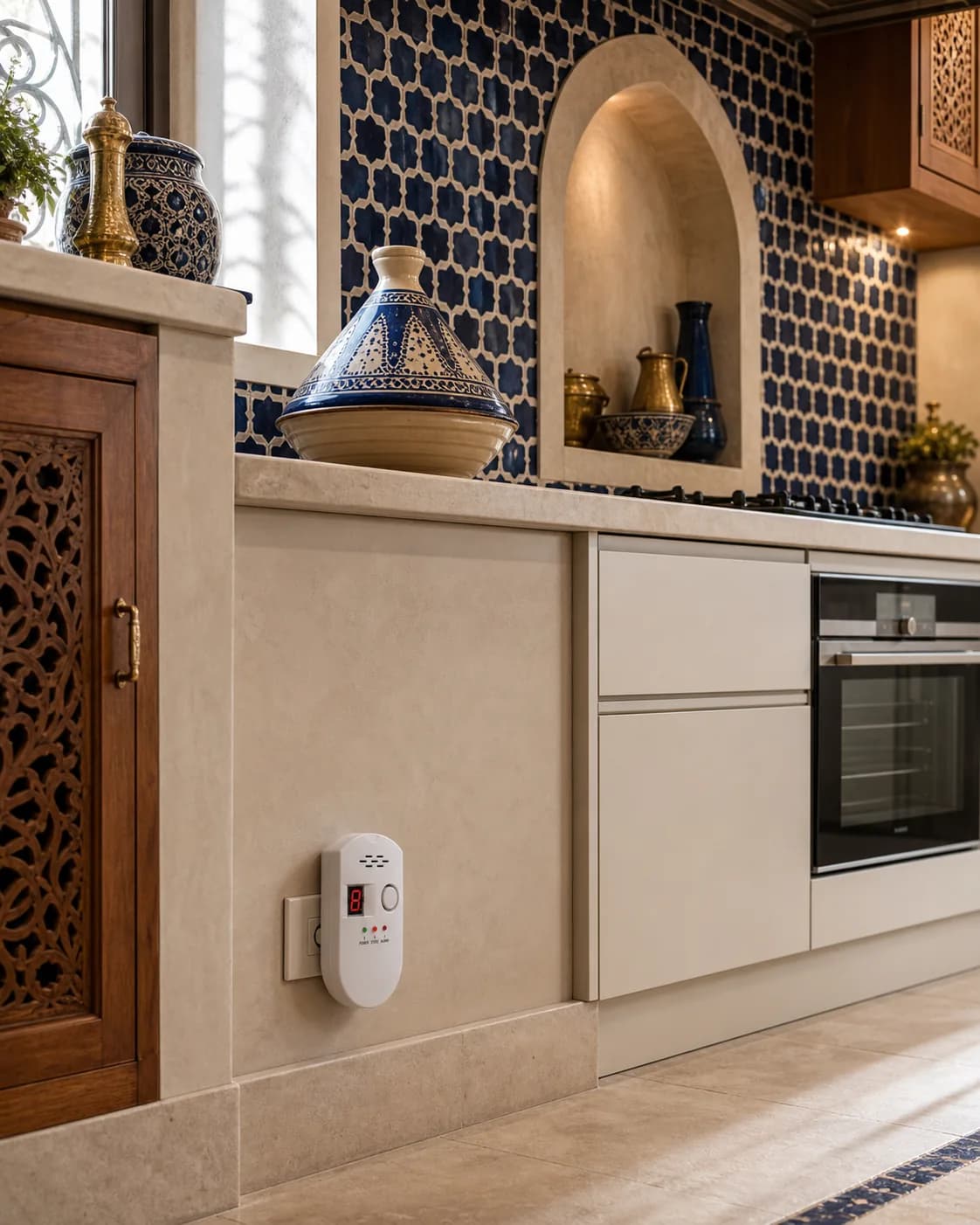Détecteur de gaz branché dans une cuisine marocaine mêlant zellige, bois sculpté et lignes modernes